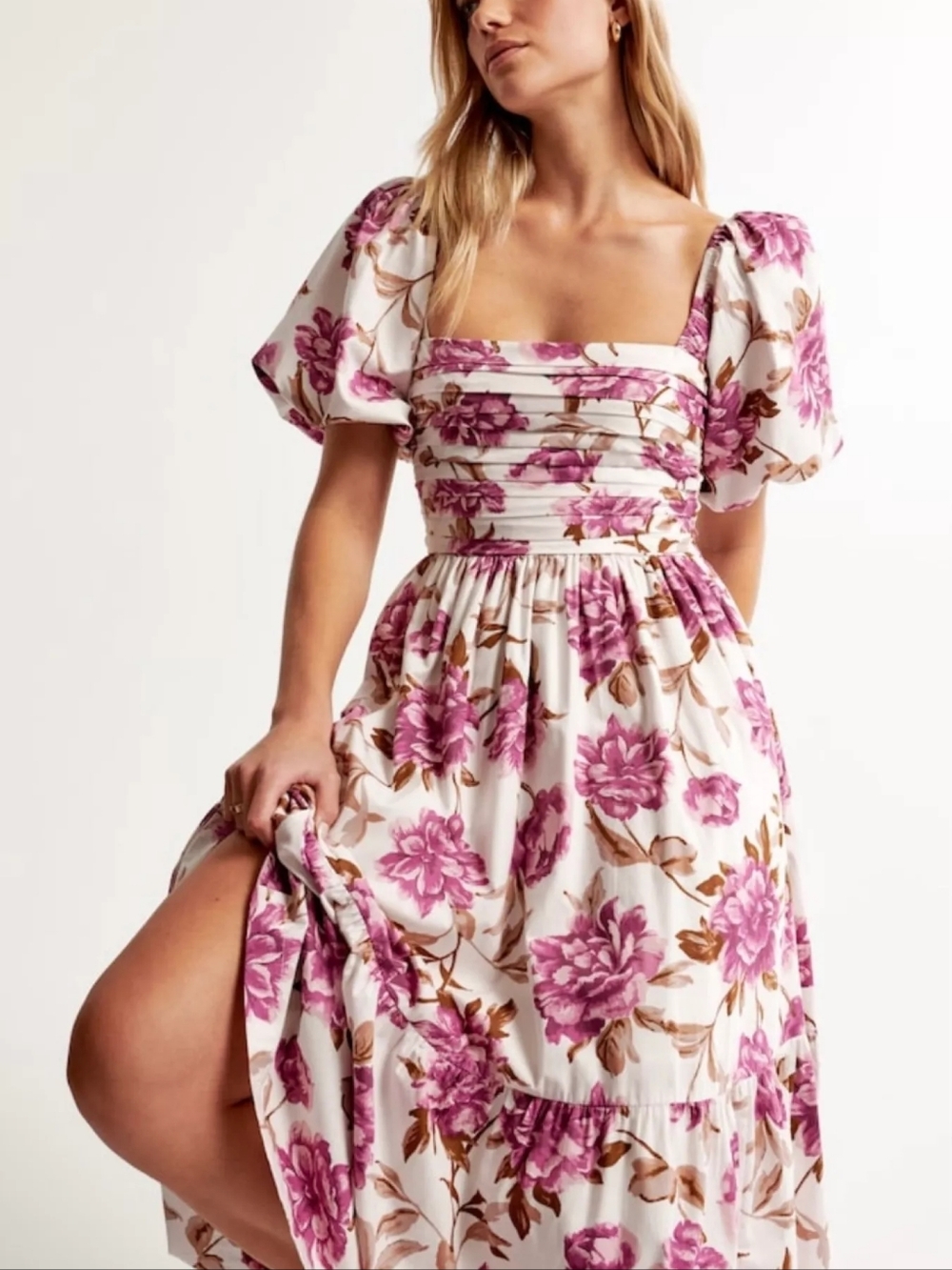Abercrombie & Fitch White Midi Dress with Pink Floral Print